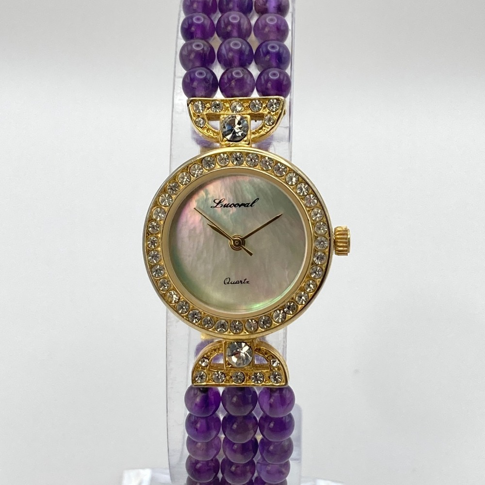 Vtg Lucoral Womens Watch 22mm Gold Tone Purple Beaded Crystals New Battery 6.75"